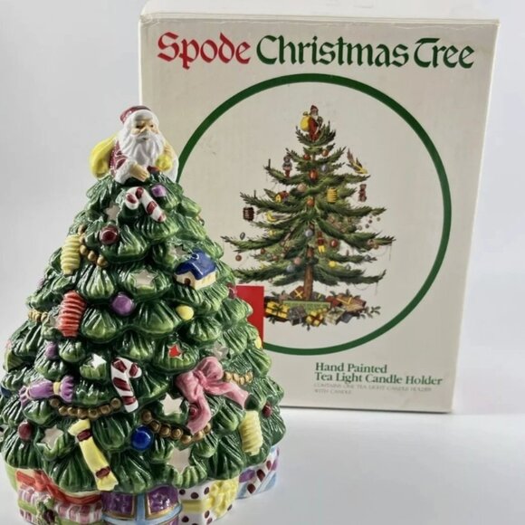 Vintage Spode 6” Christmas Tree Tea Light Candle Holder Hand Painted New In Box - Picture 1 of 3